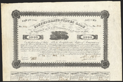 Act of August 19, 1861. $1000. Cr. 99, B-121. No. 1854. Vignette of Industry with cornucopia, farm implements, ships and factories in background. Printed on white paper. Signed
by Tyler. Hoyer & Ludwig, Richmond, Va. Light fold and edge w