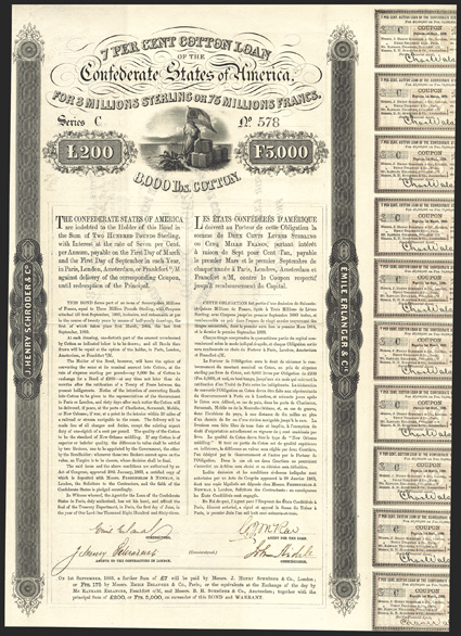 Act of January 29, 1863. £200 or 5,000 Francs. Cr. 117, B-157. No. 578. Series C. As previous, except denomination and 8,000 lbs. of cotton and the light beige-brown tint.
Signed by Emilie Erlanger and John Slidell. Pin holes left, folds, abo