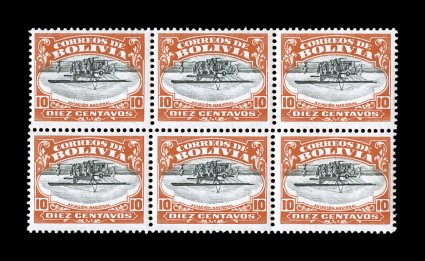 C1a, 1924 10c Vermilion and black air post, inverted center, a stunning pristine mint block of six of this rare and popular inverted center air post, remarkably well centered
overall being well above the average for this error, brilliant fresh v