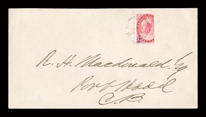 88C, 1899 2(c) Violet Port Hood handstamp surcharge on 23 of 3c Carmine, a single of this very rare provisional surcharge tied to an especially choice locally addressed cover, with a light but clear strike of Port HoodN.S.Ja 599 first da