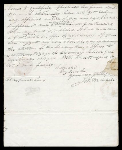 James Weddell (1787-1834) Autographed letter signed, fascinating letter dated August 16, 1826, from one of the earliest explorers of the Antarctic, complete folded entire
addressed to William Jerdan, the editor of the Literary Gazette in Edin