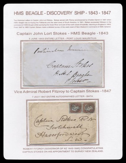 An amazing trio of letters all related to the discovery ship HMS Beagle, two are addressed to John Lort Stokes, while captain aboard the Beagle in 1840 and 1843, the Beagle
was famous for accompanying Charles Darwin in 1831 when it was