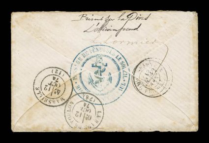 1874-75 French Expedition to view the transit of Venus, petite 1874 cover bearing on reverse the fancy circular cachet Passages De Venus Sur Le SoleilMission a Saint Paul in
blue with snake wrapped around anchor, applied to cover that was pass