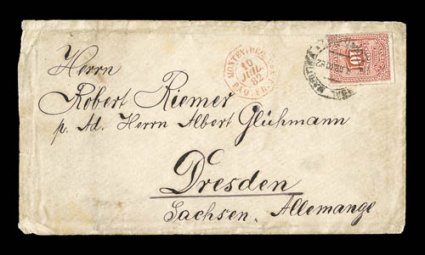 1882-83 German Expedition to South Georgia aboard the Moltke, 1882 cover from Montevideo to Dresden, Germany, franked with Uruguay 1877-79 10c Vermilion and tied by Succursal
Maritima MontevideoJulio 82 c.d.s., French octagonal ship cancel i