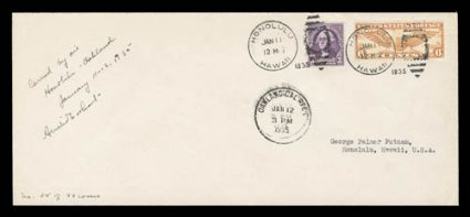 AAMC 1225, January 11, 1935 Hawaii-California solo flight, 10 size flown cover signed and inscribed by Amelia Earhart at top left, with additional annotation No. 35 of 49
covers at bottom left, addressed to Earharts husband, there is sl