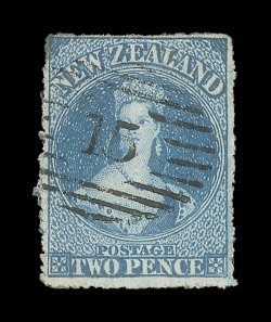 2d. deep blue with serrates nearly all round, well-centred and in a lovely rich shade, crisply cancelled 15 at Nelson small thin at upper left corner, otherwise fine and of
superb appearance for this scarce stamp. Holcombe (1988) and B.P.A. (1
