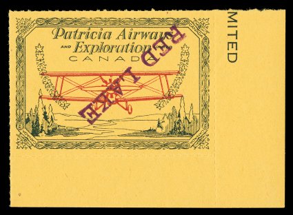 CL30g, 1926 (25c) Green and red on yellow Patricia Airways and Exploration Co., with Red Lake overprint type D in red, overprint inverted, choice bottom right corner
sheet-margin single of this scarce variety, well centered, o.g., n.h., extrem