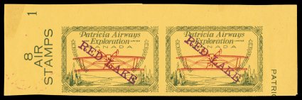CL30p var., 1926 (25c) Green and red on yellow Patricia Airways and Exploration Co., with Red Lake overprint type D in red (descending), central Plane Inverted, imperforate a
striking horizontal pair from the top portion of the sheet and showi