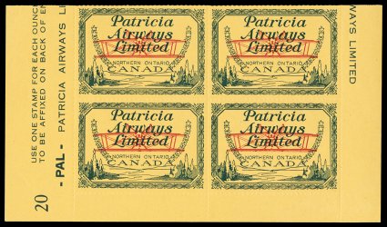 CL43a, 1928 (10c) Green and red on yellow Patricia Airways Ltd., Plane Inverted, an extremely rare mint block of four from the bottom half of the sheet, displaying full sheet
selvages and imprints, including plate no. 20, very few such error blo