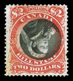 van Dam FB53a, 1868 $2.00 Third Bill revenue, Center Inverted, used, faint manuscript cancel that has been slightly lightened, rich colors, interestingly the inverted central
vignette shows a strong shift to the right which is much more pronounc