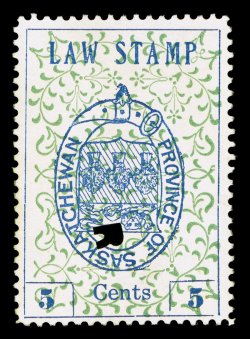 van Dam SL1a, 1907 Saskatchewan 5c Coat of Arms Law stamp, Center Inverted, an especially fresh example, with strong colors on white paper, well centered, punch cancel as
always but without any faults or crayon cancel which affects several of th