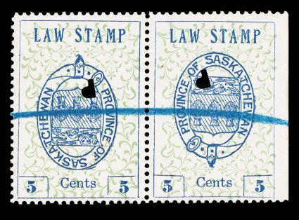 van Dam SL1a, 1907 Saskatchewan 5c Coat of Arms Law stamp, Center Inverted, another used example of this rare revenue invert, this in the highly desirable se-tenant pair with
a normal stamp, the left stamp being the invert, while the right s