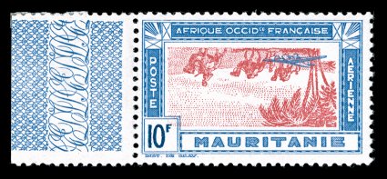 C11a, 1940 10Fr Ultramarine and red air post, Center Inverted, an especially choice left sheet-margin mint single of this very scarce error, being one of the few legitimately
issued inverted centers from the French Colonies, gorgeous vibrant col