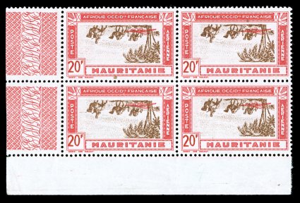 C12 var., 1940 20Fr Rose carmine, magenta and buff air post, Center Inverted, a most impressive bottom left corner sheet-margin block of four, deep luxuriant colors, well
centered, o.g., top pair with barest trace of hinging (if at all), bottom