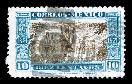632a, 1921 10c Blue and brown, Center Inverted, used, quite well centered within large margins, fresh colors, neat portion of duplex cancel, couple of small thin spots,
otherwise very fine for this major rarity.The 1921 10c Meeting of Iturbide