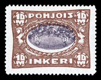 14a, 1920 10M Brown and violet, Center Inverted, well centered within large margins, strong colors, o.g., lightly hinged, very fine only 100 were printed with the inverted
center (Facit 14v SK 8,000).