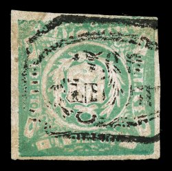 14a, 1868 1d Green, Embossed Arms Inverted, a most attractive appearing used example, featuring four large margins, rich color and a neat postmark, light creasing, not
affecting its very fine appearance (Michel 15F DM 2,200).
