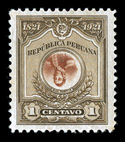 222a, 1921 1c Olive brown and red brown San Martin, Center Inverted, select mint single, large well balanced margins all around, deep luxuriant colors, o.g., minor small h.r.,
very fine and quite choice (Michel 183I DM 1,100).