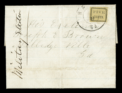 53X4, Macon, Ga., 5c Black on yellow wove, quite well margined all around, just touching at bottom right, tied by Macon Ga.Jun 9 double circle datestamp to petite 1861
blue-lined folded letter, addressed to Georgia governor (and vigilant sece
