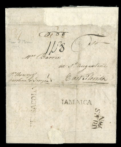 PENSACOLA, largely clear straightline British Colonial handstamp on folded letter to St. Augustine, East Florida written by Robert Barrie, a civilian doctor attached to the
British army in St. Vincent, West Indies, datelined Camp at Grand Sable,