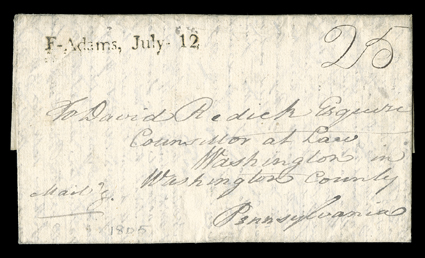 [Spanish West Florida] Interesting historical content letter by David Bradford, Bayou Sarah (just west of the Mississippi, at the current inside elbow of Louisiana), West
Florida, July 1, 1805. With F-Adams July 12 postmark and 25 rate. David