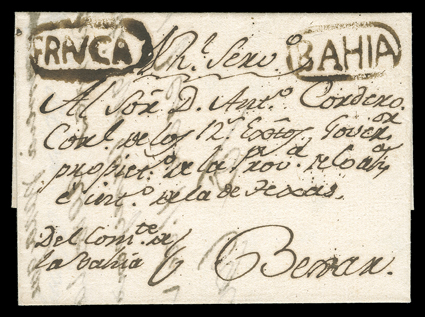 BAHIA, bold oval Spanish Colonial postmark and matching FRANCA (Paid) handstamp on remarkably fresh full folded letter (most are only fronts) datelined August 11, 1807 and
addressed to Bexar, the letter is on official business as per the ms. no