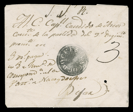 NACOGDOCHES, bold Mexican Colonial period negative circular postmark on circa 1828-30 folded cover dated June 8 and addressed to Captain Candido de Arcos, commander of the
soldiers of the second regiment stationed in Bexar (now San Antonio), manu