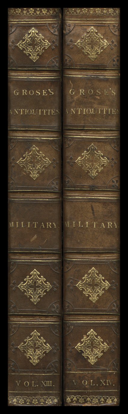 Military Antiquities Respecting a History of the English Army., Francis Grose. London, T. Egerton, 1801. Two volumes. 4to, later calf with banded and gilt spine. With 3 engraved
titles & 142 plates. Rebacked. William Markham bookplates on pas