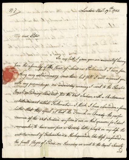 Adams, John Quincy Autograph Letter Signed Your friend, .Q., 3 pages, 4to, at the home of American merchant Joshua Johnson in London, November 17, 1783. Writing (via Benjamin
Franklin) to his friend Peter Munro, a nephew of John Jay who was stu