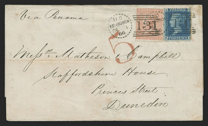 Edinburgh to Dunedin, folded cover cover with Via Panama directive franked by 1858 2d Deep blue Plate 9 (29) and 1865 4d Dull vermilion Plate 8 (43a) tied by EdinburghDe 1, 66
dotted dated duplex postmarks, red London transit, DunedinFe-