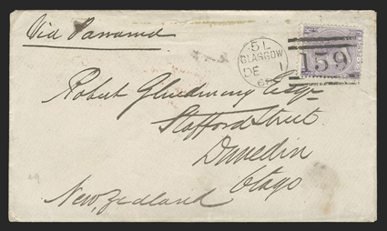 Glasgow to Dunedin, cover with Via Panama directive franked by 1867 6d Dull violet with hyphen Plate 6 (50) tied by GlasgowDe 1, 68 duplex, red London transit and DunedinFe 3,
69 backstamp, carried on board the S.S. >IRuahine departing
