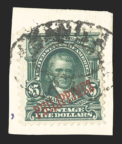 239, $5.00 Dark green, an incredibly rare used example of this high value, in fact, this is only the second certified used example we have ever offered, tied to small piece by
double oval Manila postmark, nicely centered, especially rich col