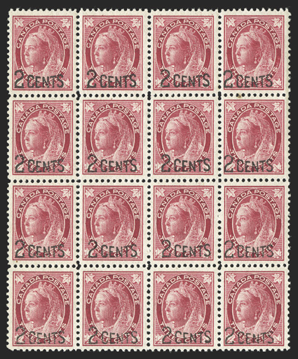 87, 1899 2 Cents surcharge on 3c Carmine Maple Leaf, mint block of sixteen, well centered throughout, including some choice large-margined stamps, bright color, o.g., n.h.,
very fine-extremely fine (Unitrade C$1,440.00+).