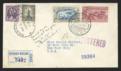 C74, 1935 20c Amelia Earhart, tied along with 40c Air post official (CO14) by May 2, 1935 c.d.s. on flown registered cover to New York, U.S. 3c and 15c regular issues tied by
Newark May 8, 1935 pmk., signed by Amelia Earhart with endorsemen