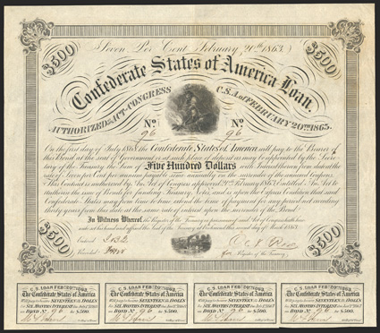 Act of February 20, 1863. $500. Cr. 121, B-220. No. 96. As previous. Signed by Rose. 7 coupons below. Edge wear and light foxing, VF. From The Holger Dreher
Collection