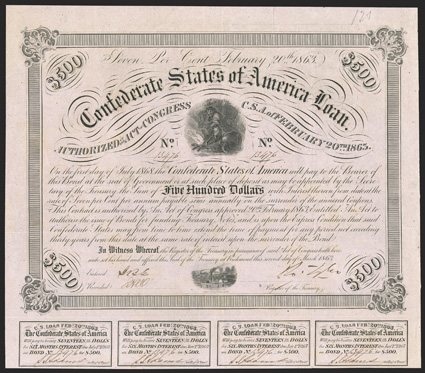 Act of February 20, 1863. $500. Cr. 121, B-221. No. 13476. As previous. Signed by Tyler. 7 coupons below. Light edge wear, a spot or two in margins, about VF+. From The Holger
Dreher Collection