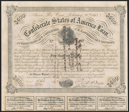 Act of February 20, 1863. $500. Cr. 121, B-222 (?). Trans-Mississippi Bond. No. 32846. Confederate soldier warming his hands over a camp fire. Signed by Rose. Two line
endorsement message handwritten, for Alexandria, La. General Arbuckle. C