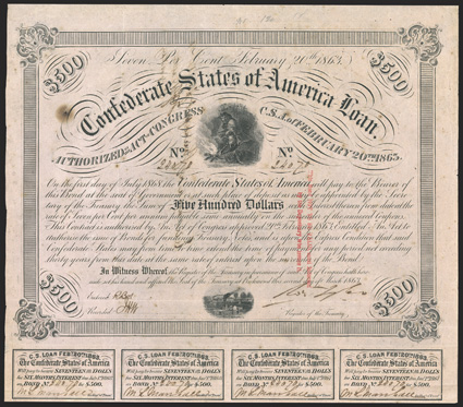 Act of February 20, 1863. $500. Cr. 121, B-225. Trans-Mississippi Bond. No. 24070. As previous, except for two line red overprint, and issued from Shreveport, La and endorsed
by H.J.G. Battle, CSA depositary on verso. Signed by Tyler. 7 cou