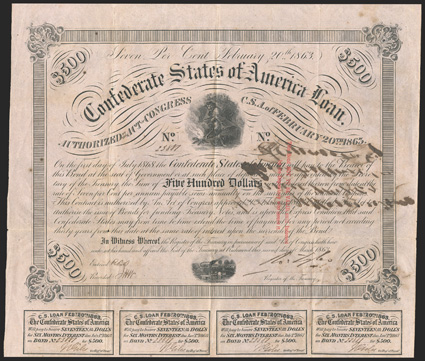 Act of February 20, 1863. $500. Cr. 121, B-227. Trans-Mississippi Bond. No. 23881. As previous Trans-Mississippi bond, but a two line red overprint, but issued from Jefferson,
Texas by Samuel Moseley, CSA depositary. Signed by Tyler. Coupon