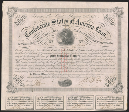 Act of February 20, 1863. $500. Cr. 121, B-232. Trans-Mississippi Bond. No. 26650. As previous, but for three line red overprint on face of bond. Issued at Shreveport, La on
back and endorsed by H.J.G. Battle. Edge wear at left, some foxi