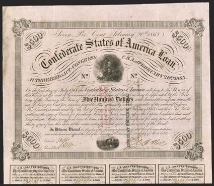 Act of February 20, 1863. $500. Cr. 121, B-234. Trans-Mississippi Bond. No. 27940. As previous, with three line red overprint, This Bond...to be issued on face. Houston,
Texas, Depositary black stamp, signed by James Sorley, CSA deposit