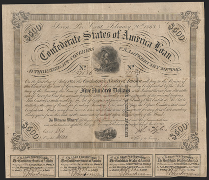 Act of February 20, 1863. $500. Cr. 121, B-234. Trans-Mississippi Bond. No. 27586. As previous, except for three line red overprint This Bond...to be issued and Issued at
Houston, Texas Depositary black stamp, on face of bond. by Ja
