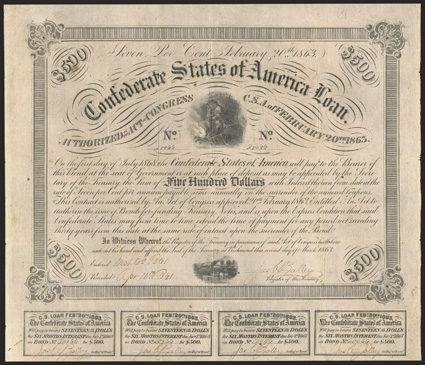 Act of February 20, 1863. $500. Cr. X-121, C221. No. 20066. As previous, but paper color is odd and some background details in vignette are indistinct. A likely counterfeit
signed by Jas. C. Balley. Coupons complete (10) below. Toned, wit