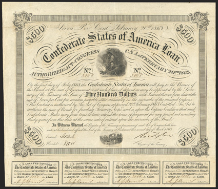 Act of February 20, 1863. $500. Cr. 121A, B-220. No. 3868. As previous. Coupons complete (11) below. staining along folds, VF. From The Holger Dreher Collection