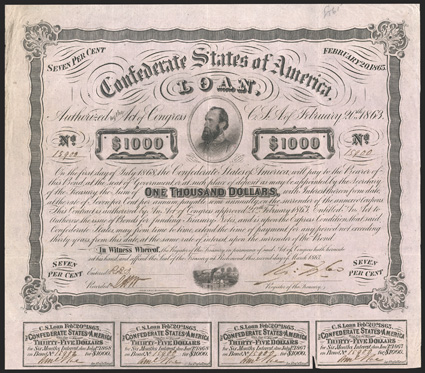 Act of February 20, 1863. $1000. Cr. 122, B-241. No. 15900. As previous. Signed by Tyler. 7 coupons below. Fold wear, soiling, edge wear, VF. From The Holger Dreher
Collection
