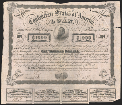 Act of February 20, 1863. $1000. Cr. 122, B-241. No. 36309. As previous, except for odd Register of the Treasury signature Kingstown(?) 7 coupons below. Holes, tears along
folds, edge wear, ink stains, about Fine. From The Hol