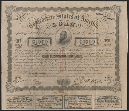 Act of February 20, 1863. $1000. Cr. 122, B-248249. Trans-Mississippi Bond. No. 27849. Lt. General Thomas R. Stonewall Jackson, center. Signed by Rose. Endorsed by Cross, but
without identifying whether depository was Little Rock (as B