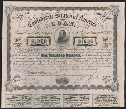 Act of February 20, 1863. $1000. Cr. 122, B-249. Trans-Mississippi Bond. No. 27774. Vignette of Lt. General Thomas J. Stonewall Jackson. Small steamboat vignette at bottom.
Three line red overprint, issued at Washington, Ark. by Edward