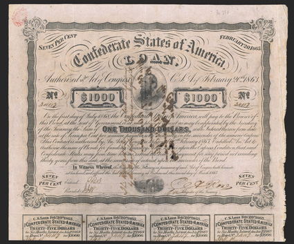 Act of February 20, 1863. $1000. Cr. 122, B-250. Trans-Mississippi Bond. No. 34119. As previous, except issued in Alexandria, La. and endorsed on verso by General Arbuckle.
Similar to B-250 except three line red overprint is a 2 line handwr
