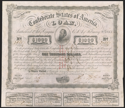 Act of February 20, 1863. $1000. Cr. 122, B-251. Trans-MIssissippi Bond. No. 29427. As previous, with three line red overprint, endorsed by A. Desmare, at Opelousas, La. on
face. Signed by Tyler. Complete coupons (11). Uneven right edge,,
